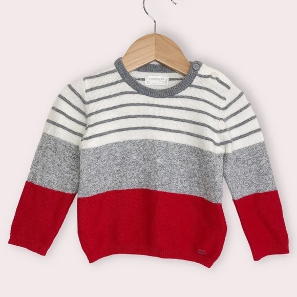 Mayoral sweater red w/ gray and ivory stripes wool blend size 12 months - Picture 1 of 8